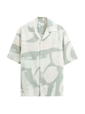 ZARA Mint Green and Off-White Abstract Brushstroke Camp Shirt